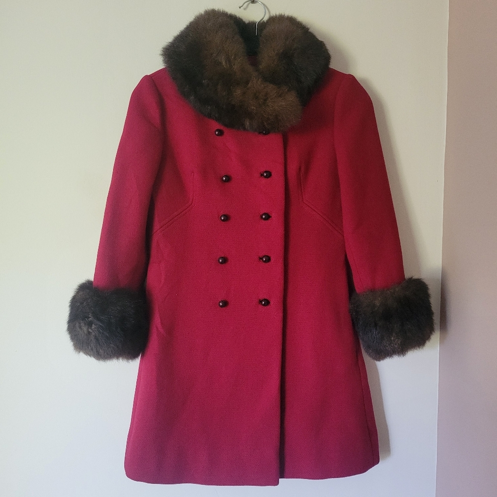 Vintage handmade 60s Mod Red Wool Double Breasted Peacoat w/Real Fur Trim, XSP